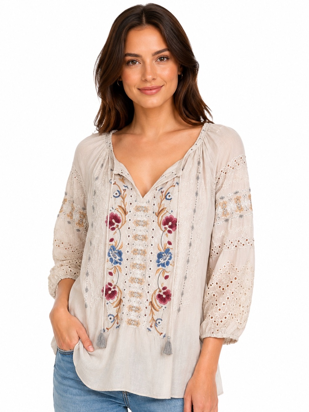 Johnny Was Angelique Embroidered Peasant Blouse SMALL Silk Cotton Floral Eyelet